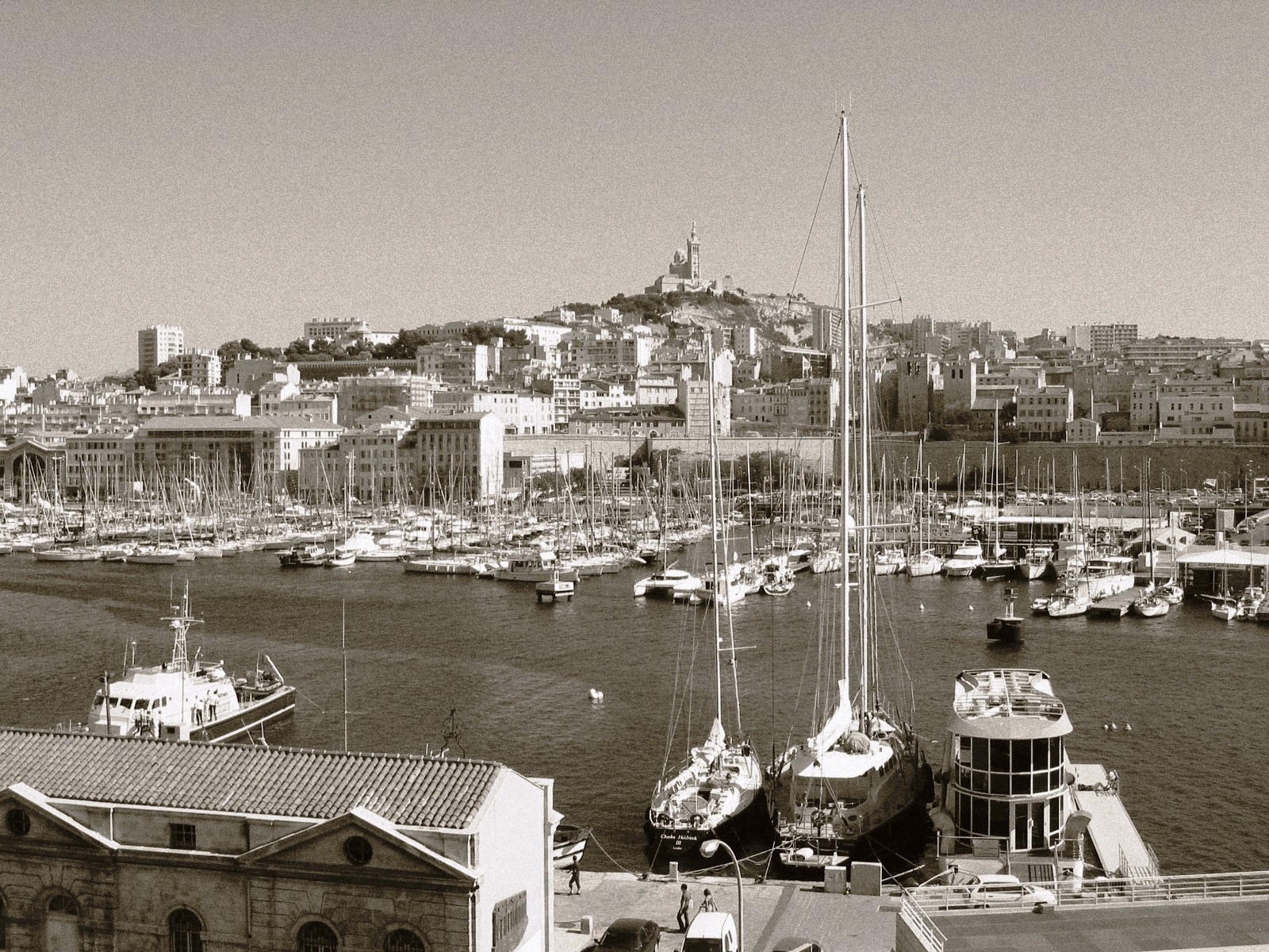 Aerial view of Marseille showing Old Port and Mediterranean coastline