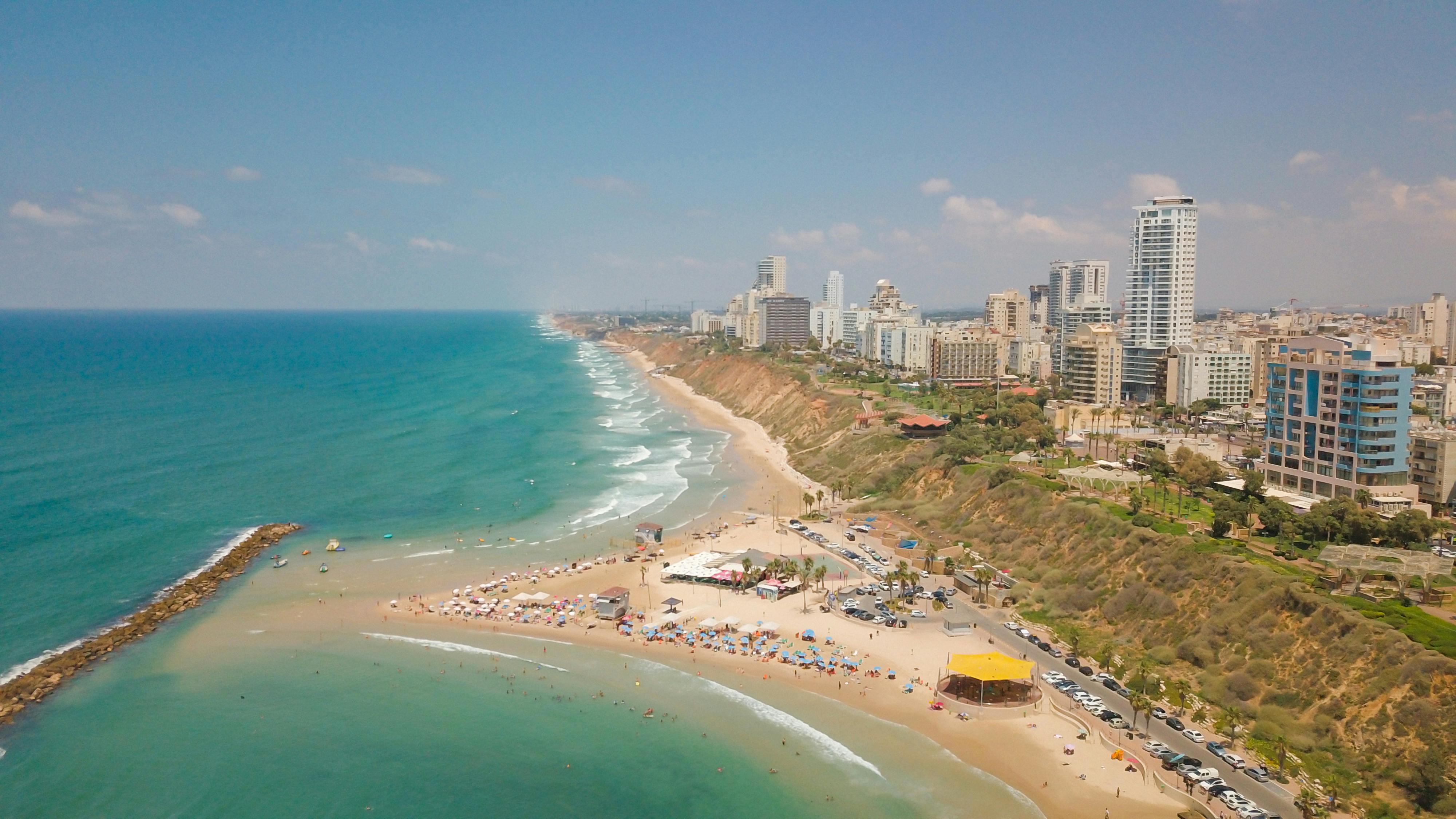 Aerial view of Tel Aviv showing modern skyline and Mediterranean coast